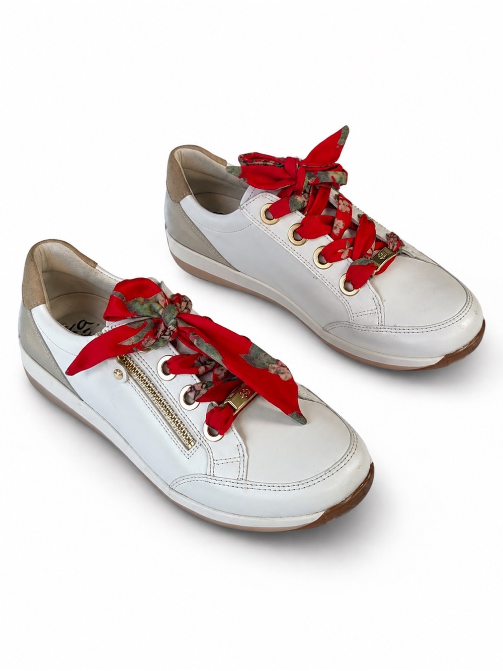 Ara White Ollie Leather Red Floral Lace Side Zip Sneakers Size 7